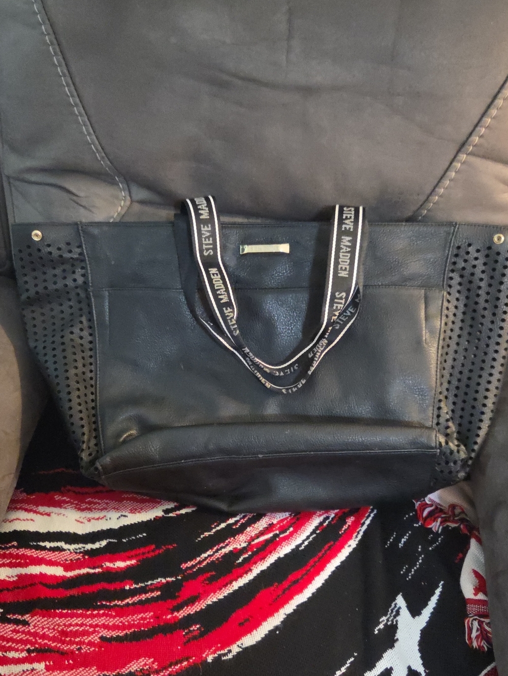 Steve Madden Black Perforated-Panel Tote with Branded Straps